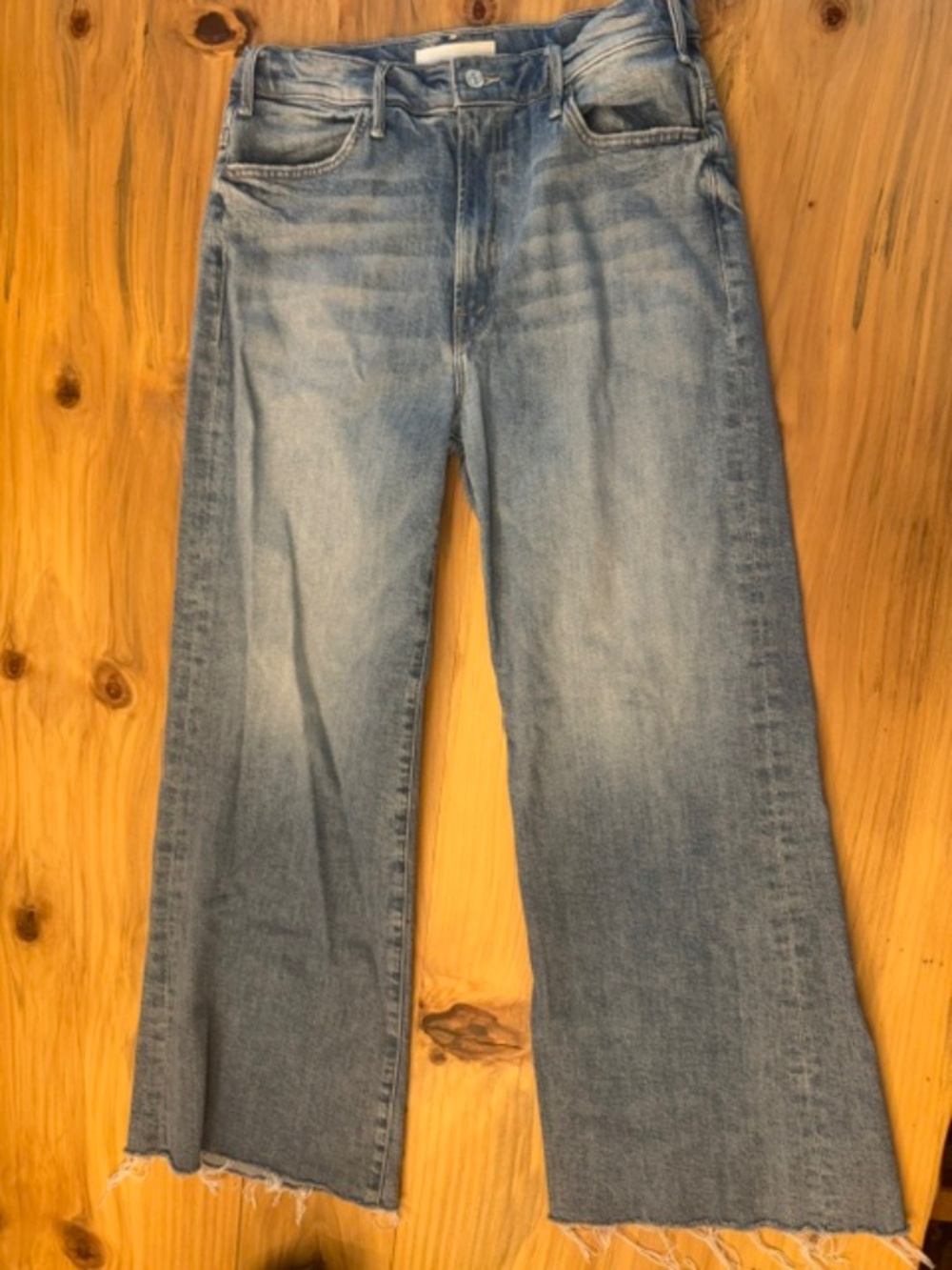 Mother The Hustler Roller Sneak Fray Wide Leg Jeans Size 31 Light Wash Raw Hem
